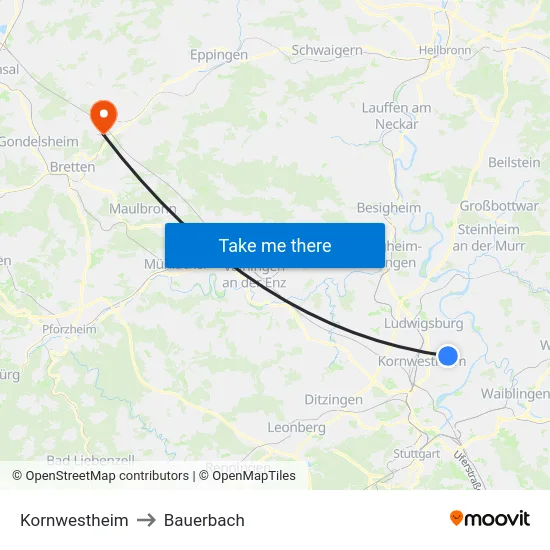 Kornwestheim to Bauerbach map