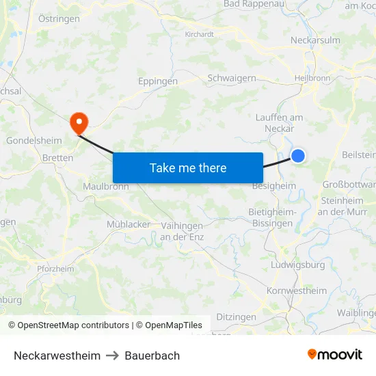Neckarwestheim to Bauerbach map