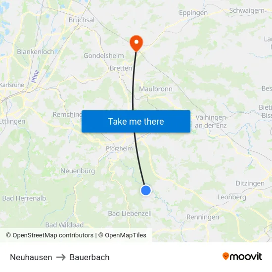 Neuhausen to Bauerbach map