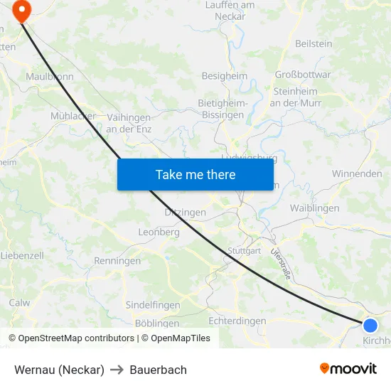 Wernau (Neckar) to Bauerbach map
