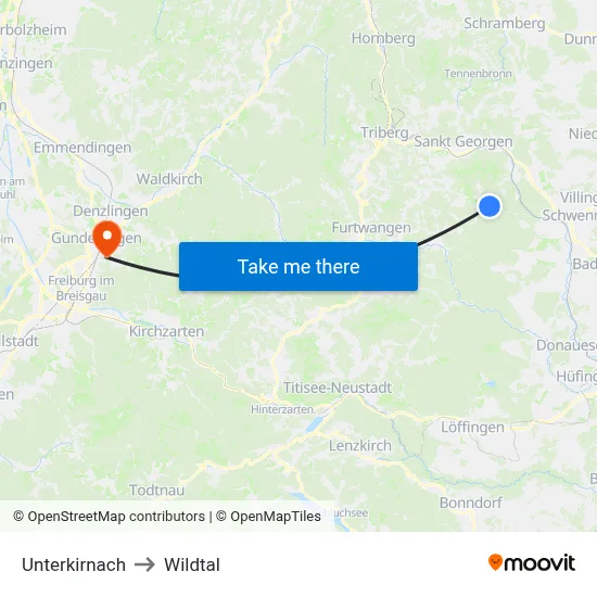 Unterkirnach to Wildtal map