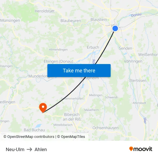 Neu-Ulm to Ahlen map