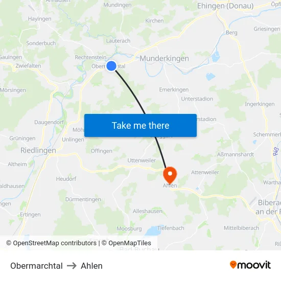 Obermarchtal to Ahlen map