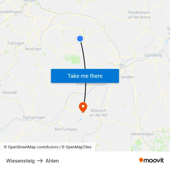 Wiesensteig to Ahlen map