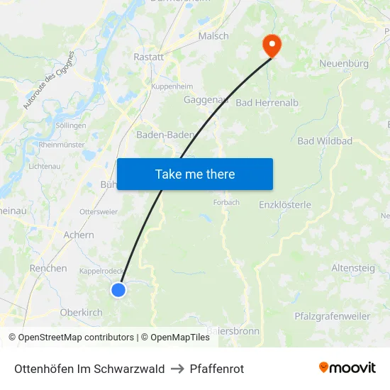 Ottenhöfen Im Schwarzwald to Pfaffenrot map