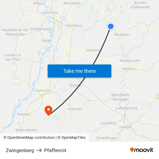 Zwingenberg to Pfaffenrot map