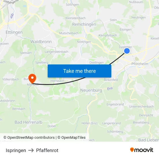 Ispringen to Pfaffenrot map