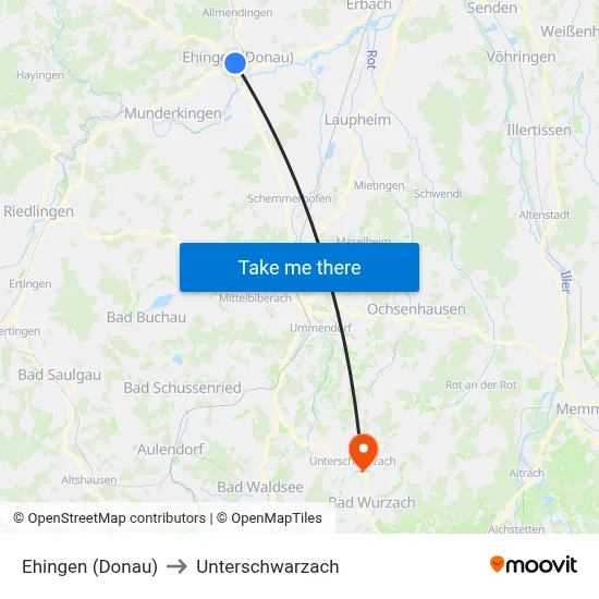Ehingen (Donau) to Unterschwarzach map
