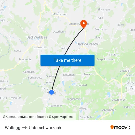 Wolfegg to Unterschwarzach map