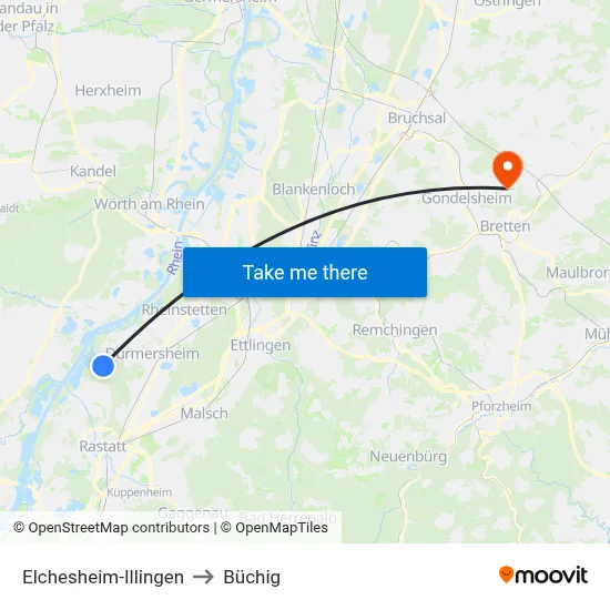 Elchesheim-Illingen to Büchig map