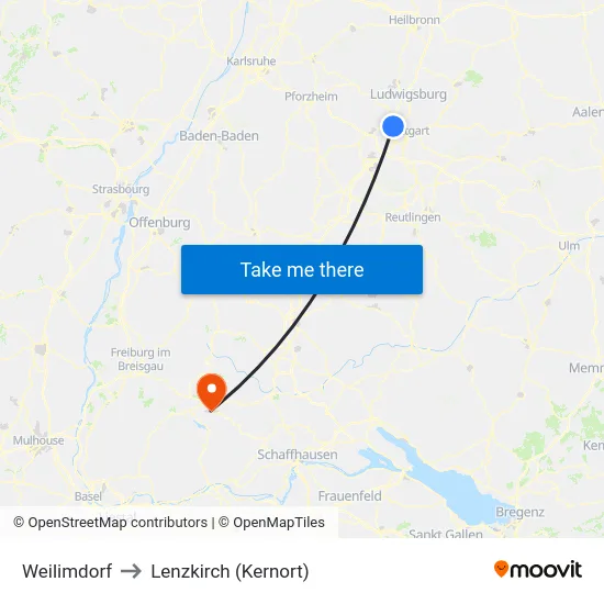 Weilimdorf to Lenzkirch (Kernort) map