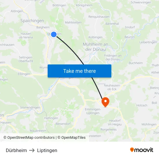 Dürbheim to Liptingen map
