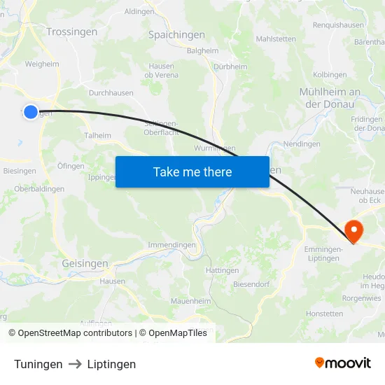 Tuningen to Liptingen map