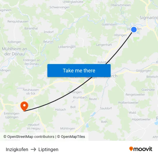 Inzigkofen to Liptingen map