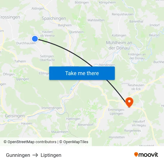 Gunningen to Liptingen map