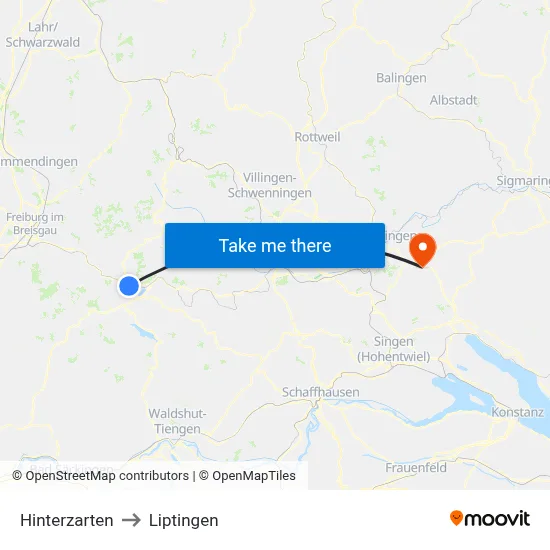Hinterzarten to Liptingen map