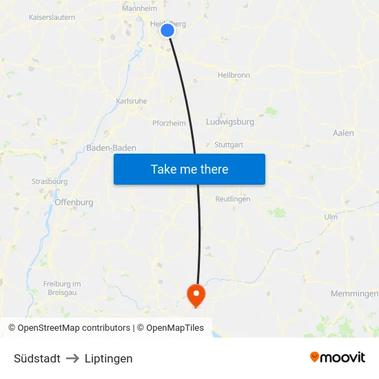 Südstadt to Liptingen map