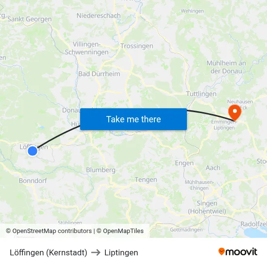 Löffingen (Kernstadt) to Liptingen map