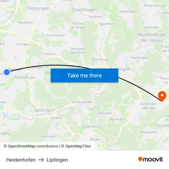 Heidenhofen to Liptingen map