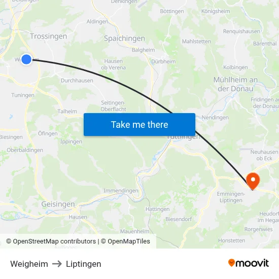 Weigheim to Liptingen map