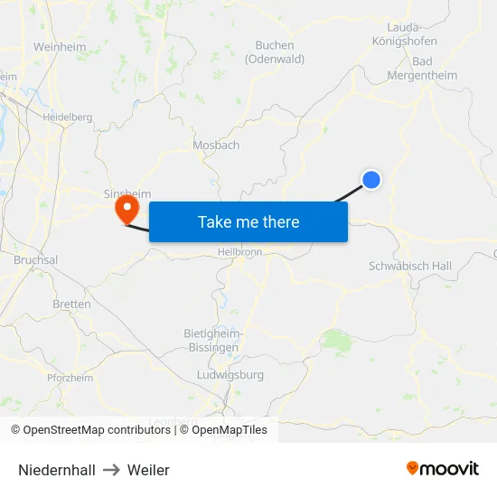 Niedernhall to Weiler map