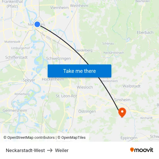 Neckarstadt-West to Weiler map