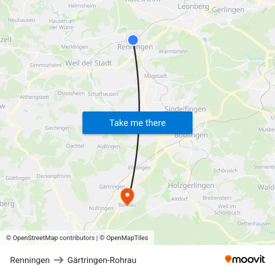 Renningen to Gärtringen-Rohrau map