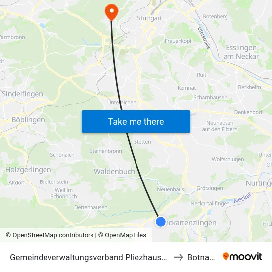 Gemeindeverwaltungsverband Pliezhausen to Botnang map