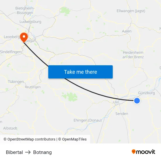 Bibertal to Botnang map