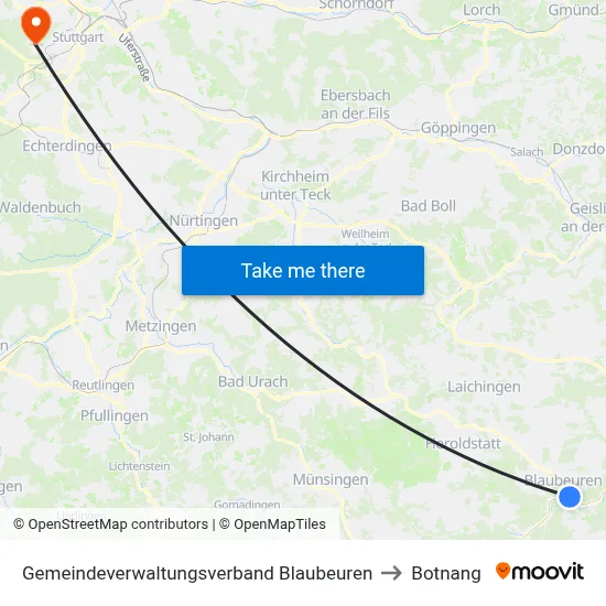 Gemeindeverwaltungsverband Blaubeuren to Botnang map