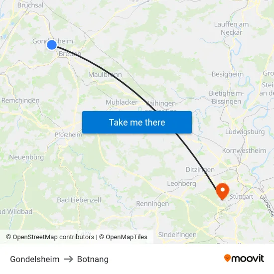 Gondelsheim to Botnang map