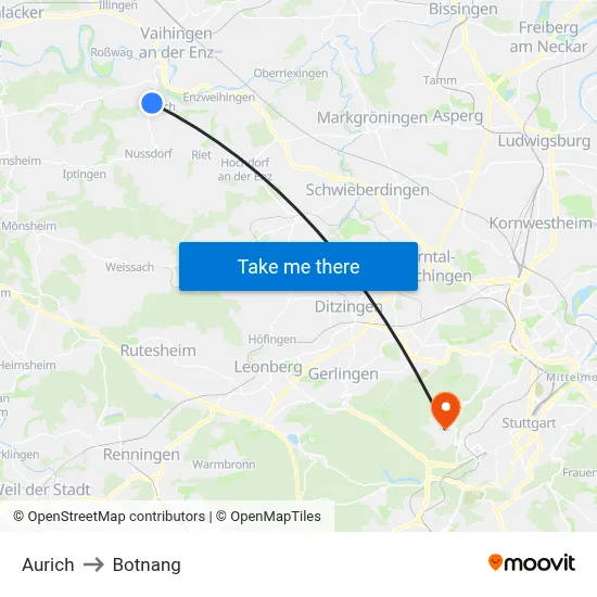 Aurich to Botnang map