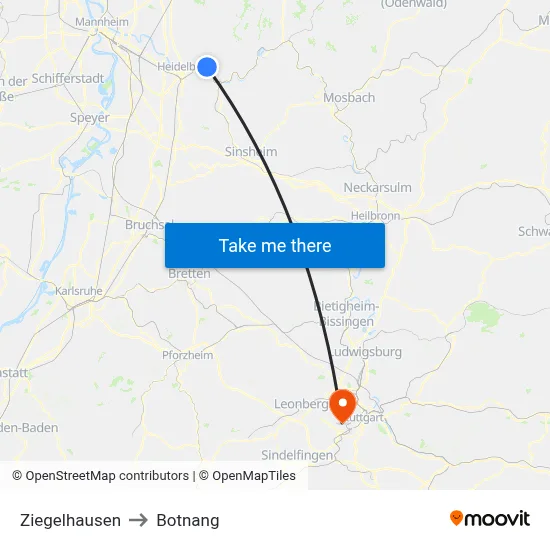 Ziegelhausen to Botnang map