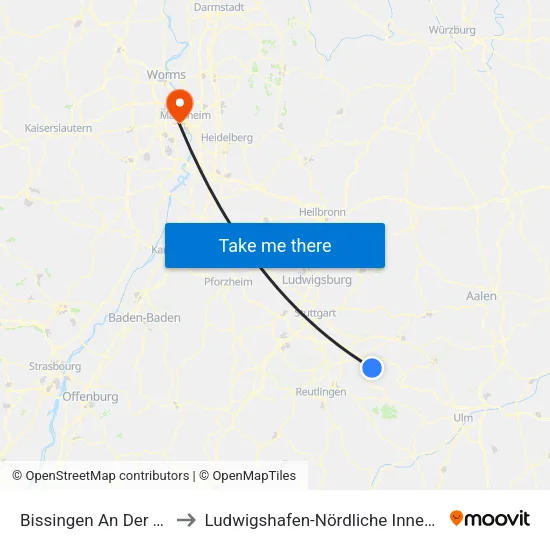 Bissingen An Der Teck to Ludwigshafen-Nördliche Innenstadt map