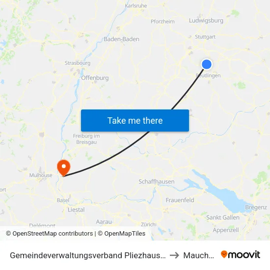 Gemeindeverwaltungsverband Pliezhausen to Mauchen map