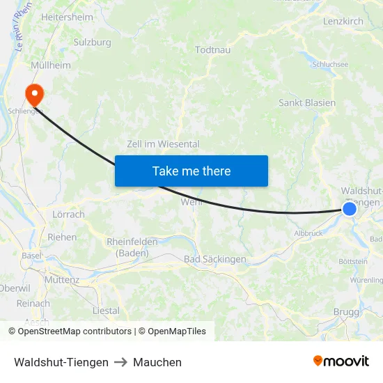 Waldshut-Tiengen to Mauchen map
