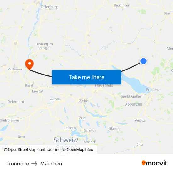 Fronreute to Mauchen map