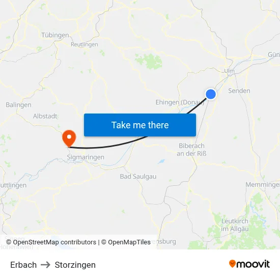 Erbach to Storzingen map