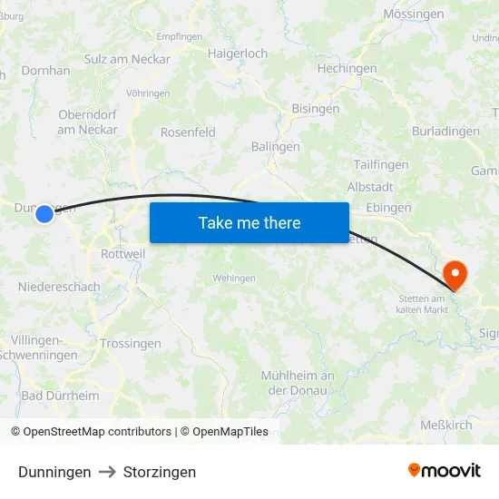 Dunningen to Storzingen map