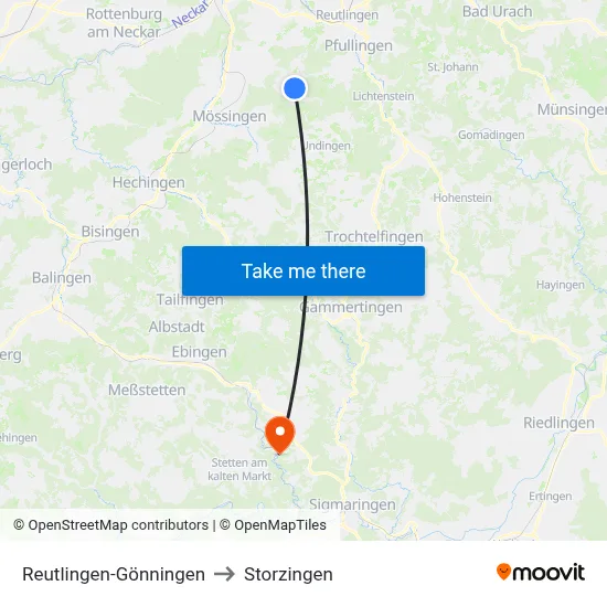 Reutlingen-Gönningen to Storzingen map