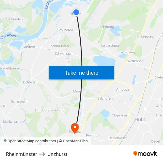 Rheinmünster to Unzhurst map