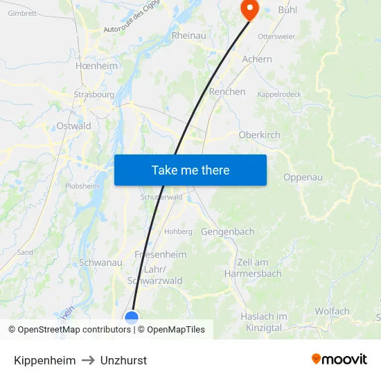 Kippenheim to Unzhurst map