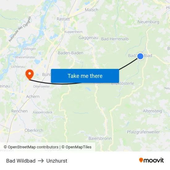 Bad Wildbad to Unzhurst map