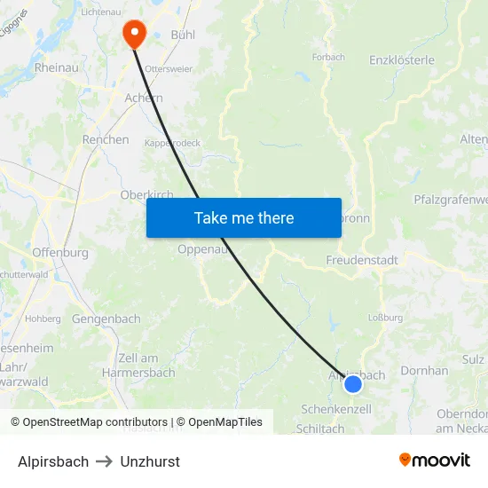 Alpirsbach to Unzhurst map