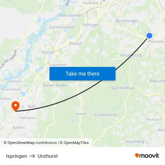 Ispringen to Unzhurst map