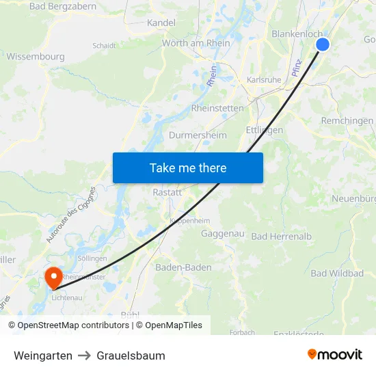 Weingarten to Grauelsbaum map