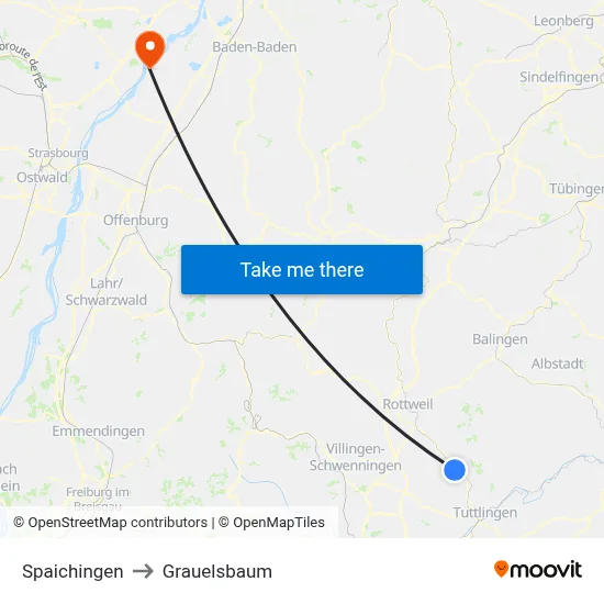 Spaichingen to Grauelsbaum map