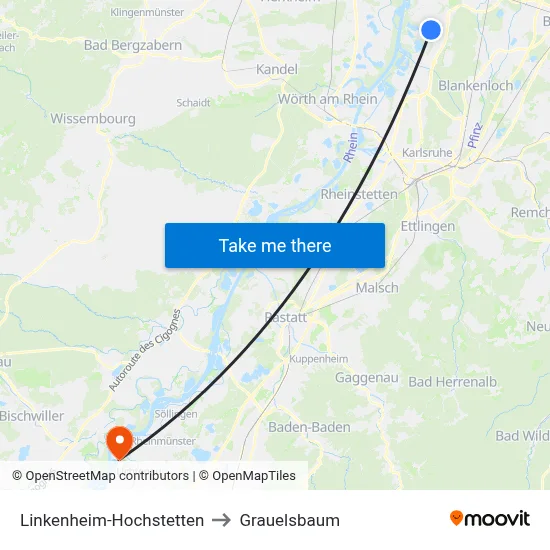 Linkenheim-Hochstetten to Grauelsbaum map
