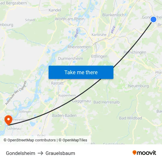 Gondelsheim to Grauelsbaum map