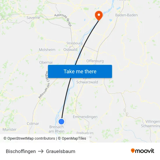 Bischoffingen to Grauelsbaum map